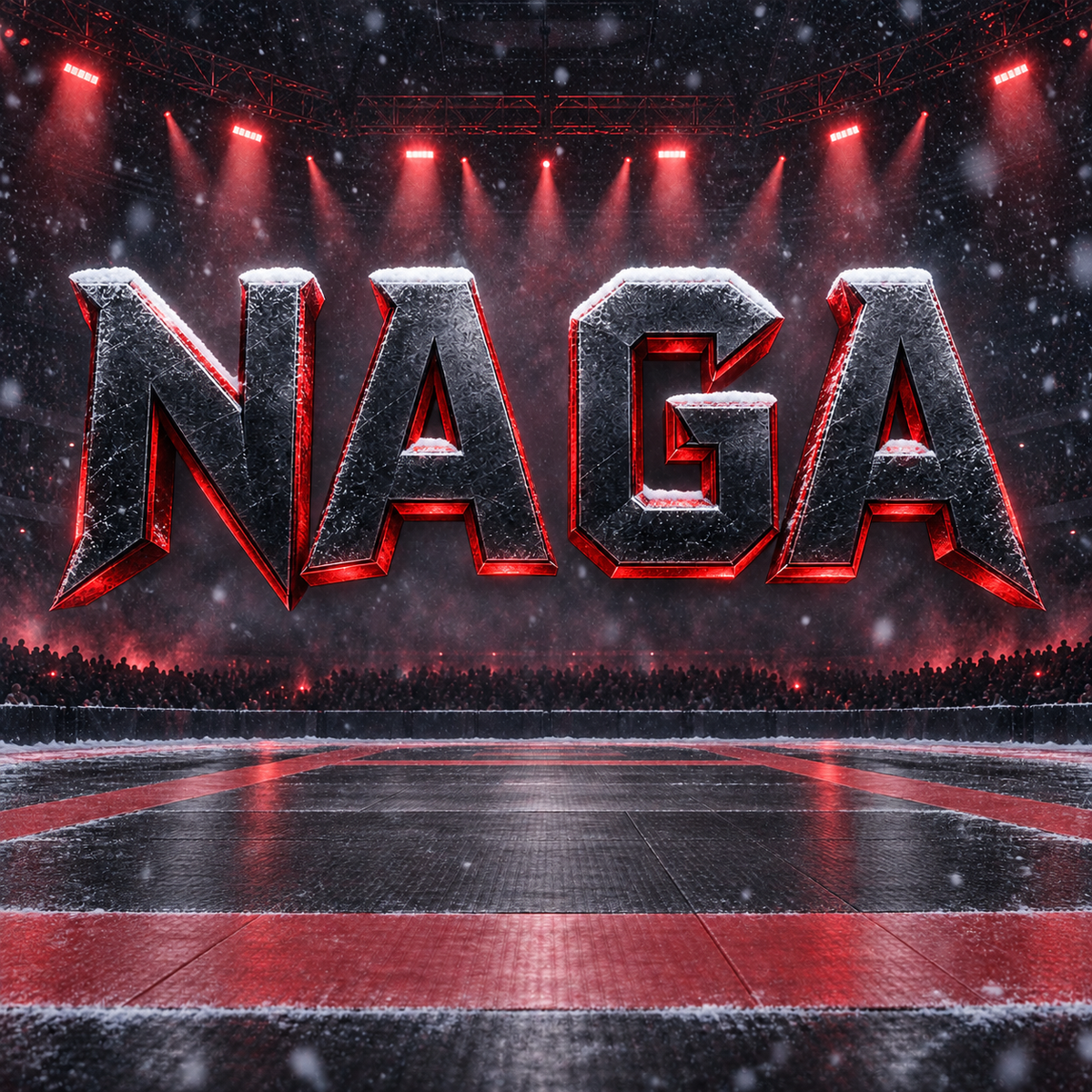 Large metallic letters spelling NAGA centered over a snowy arena stage, with red spotlights, snowfall, and a dark audience in the background.