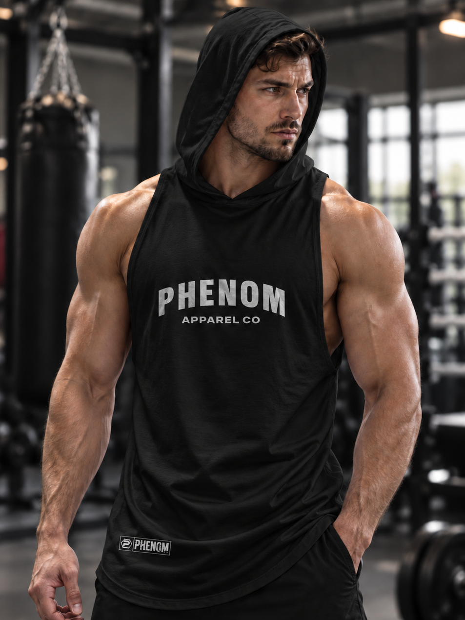 A muscular man in a gym wearing a black sleeveless hooded tank top with 'PHENOM APPAREL CO' printed in white on the chest, paired with black shorts.