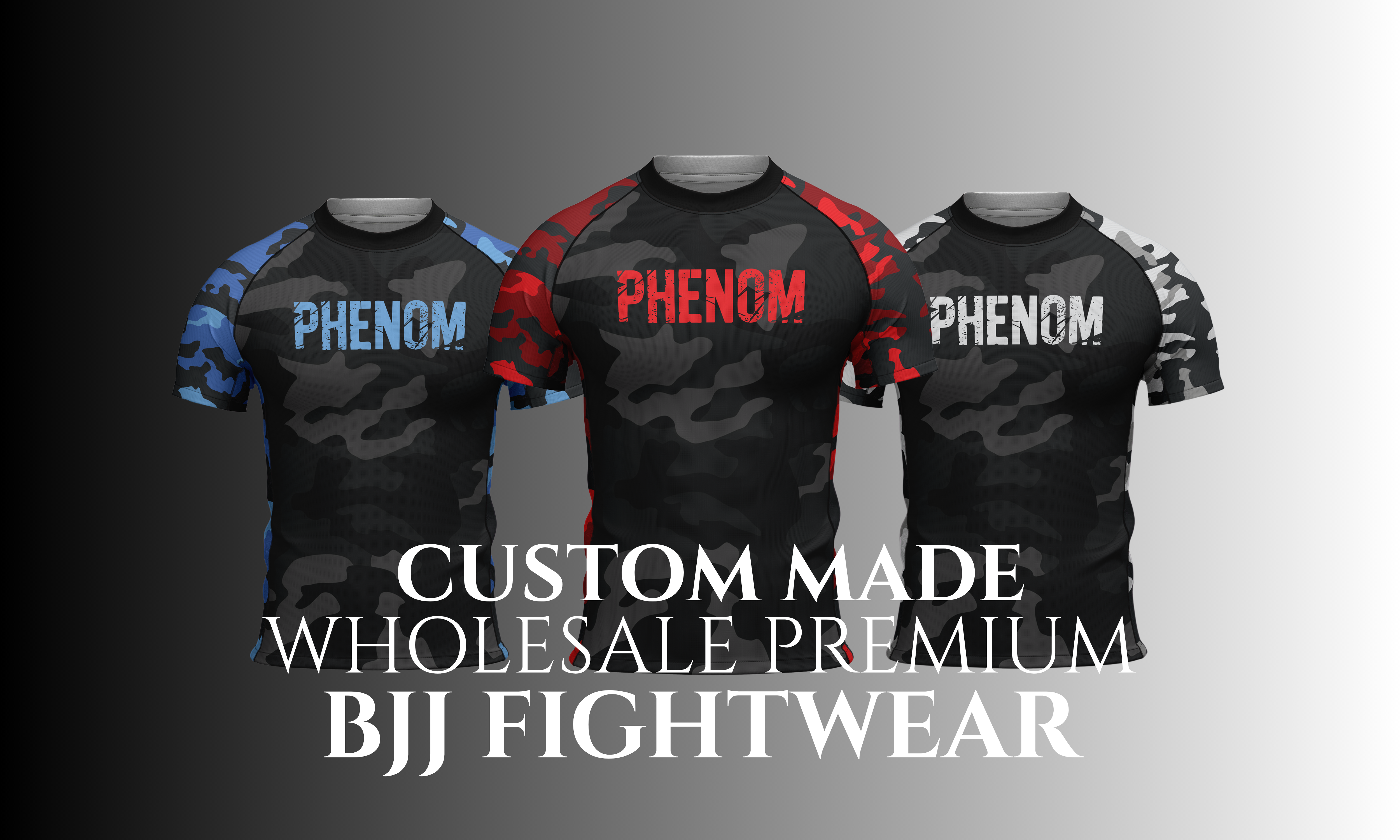Three Phenom BJJ fightwear shirts on a gradient background with text about custom-made wholesale premium BJJ fightwear.