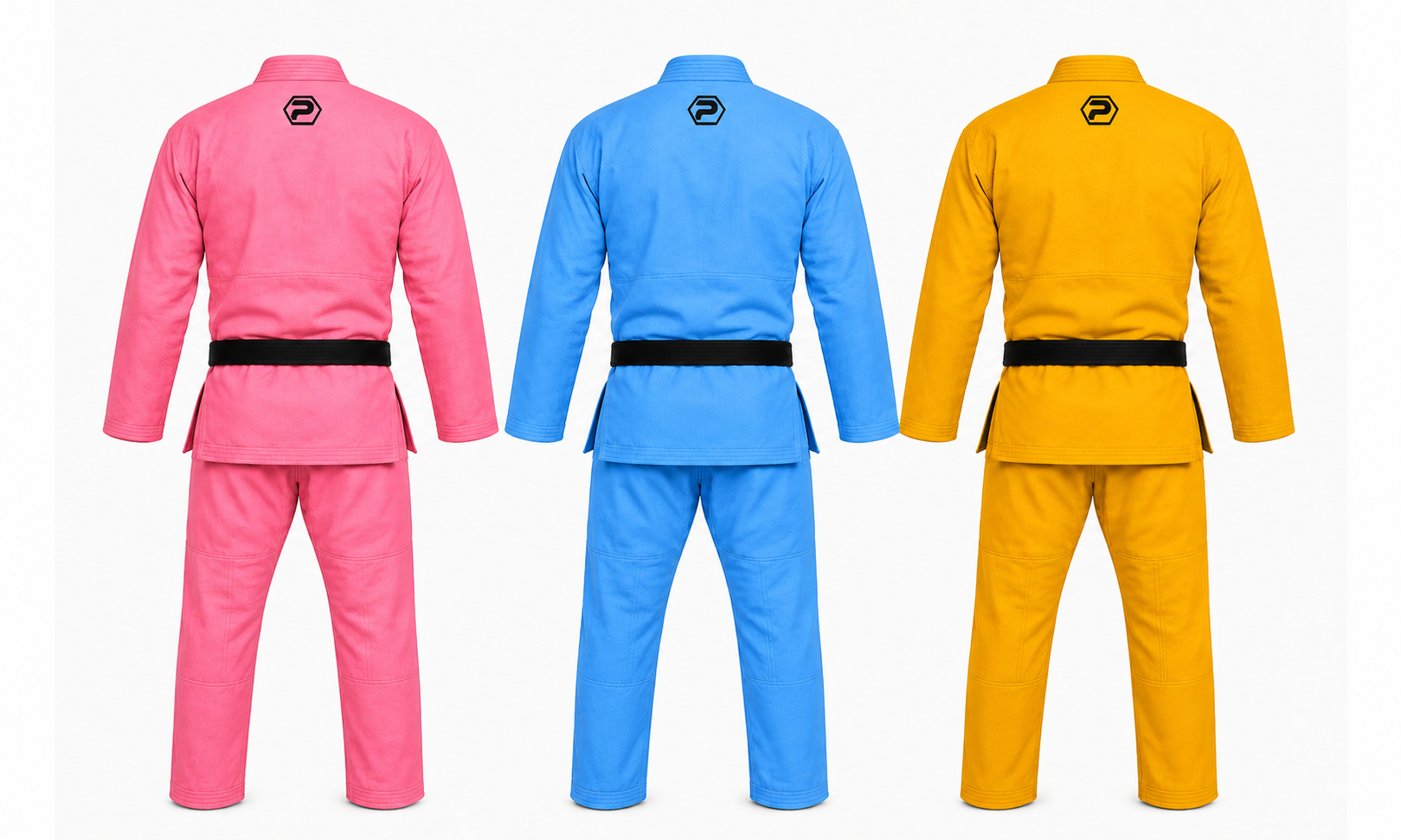 Three martial arts gi jackets shown from the back in pink, blue, and yellow, each with a black belt and a small black logo on the upper back, set against a plain white background.