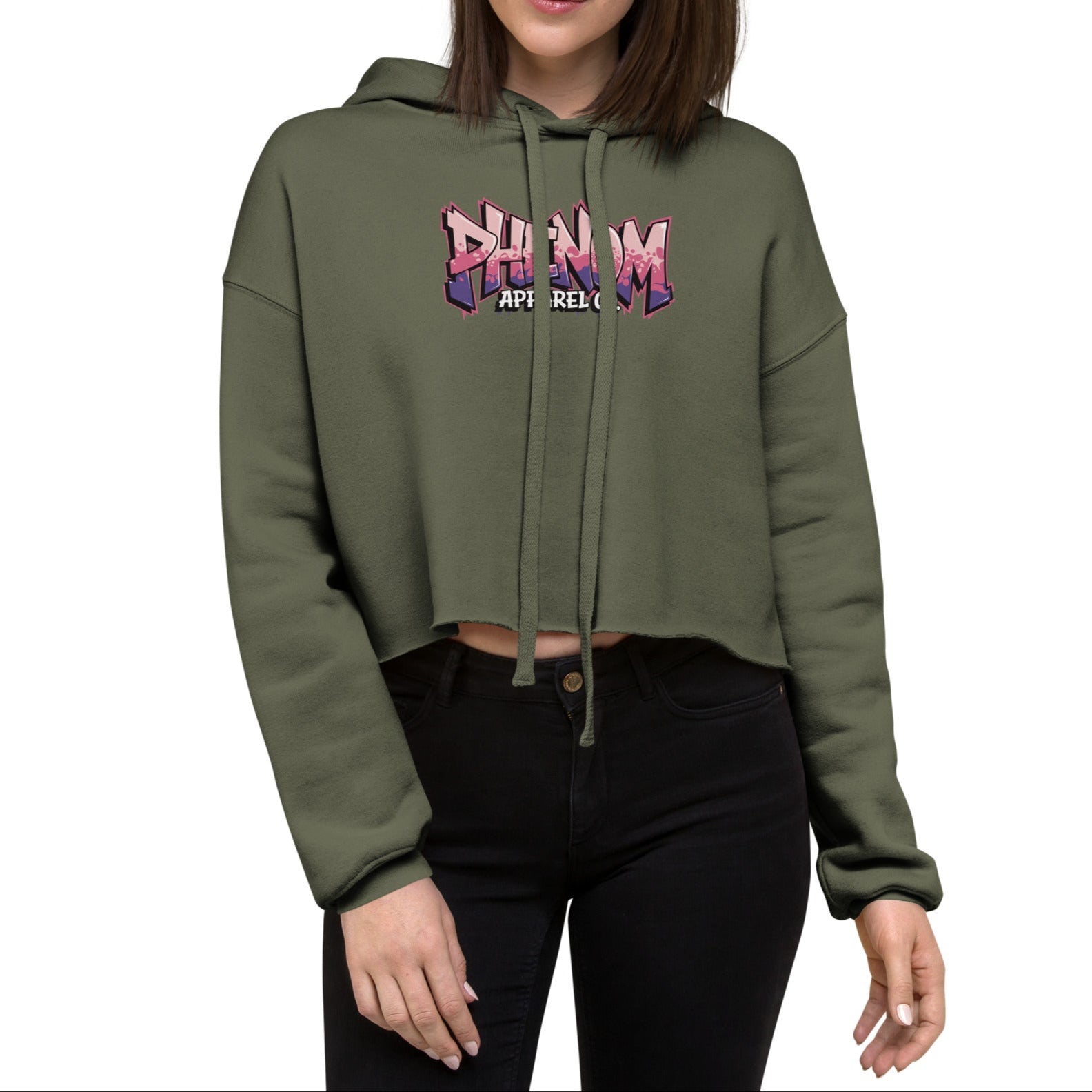 womens-cropped-hoodie-military-green-front-graffiti logo