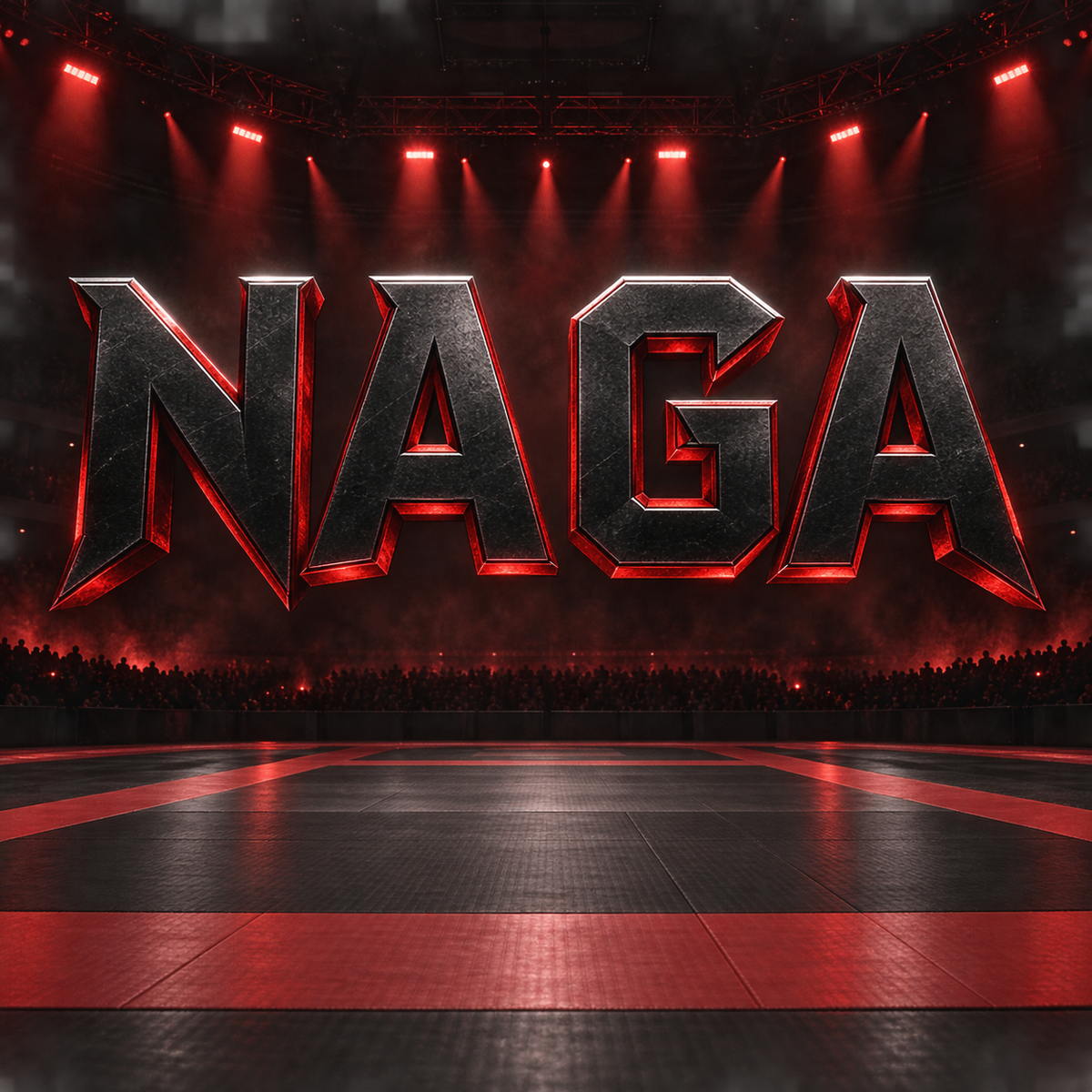 Large metallic 'NAGA' lettering in a dark arena with red stage lights, spotlights, and a mat-like floor in the foreground.