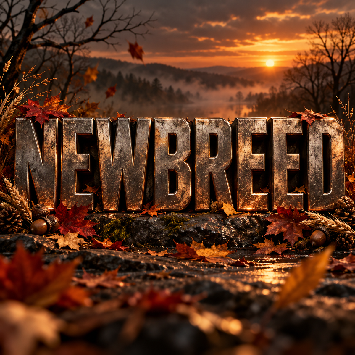 Large metallic letters spelling NEWBREED placed outdoors in an autumn landscape with fallen leaves, rocks, misty hills, and a sunset sky.