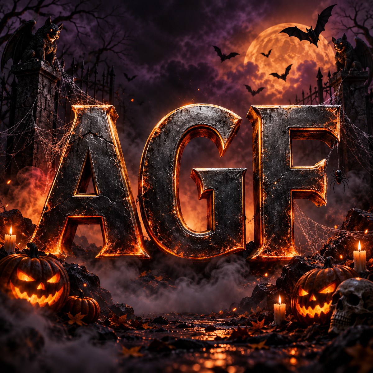 Halloween-themed graphic with large metallic letters spelling 'AGF' in the center, surrounded by jack-o'-lanterns, candles, cobwebs, bats, and a glowing full moon in a dark spooky scene.