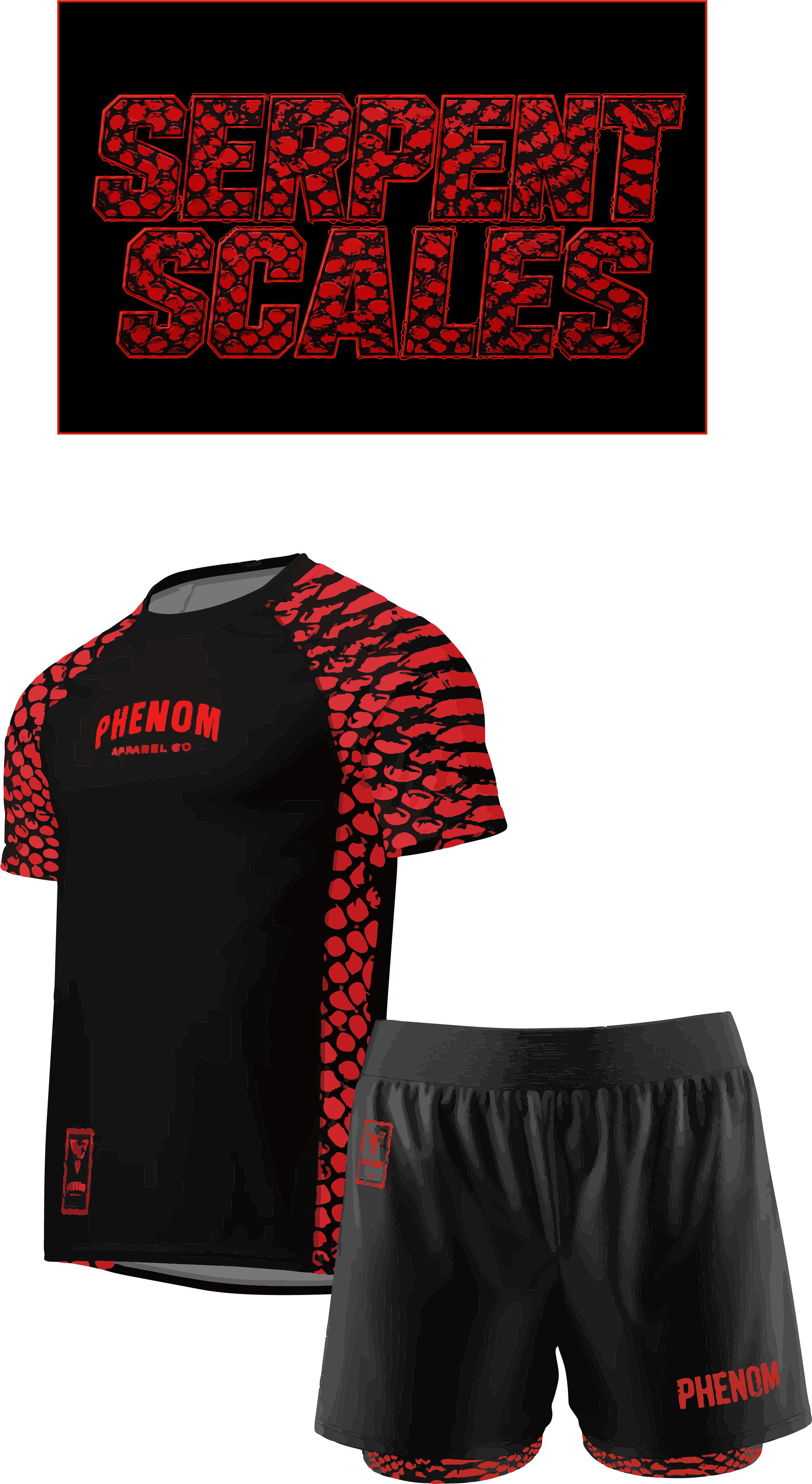 PHENOM Fight wear Serpent Scales rash guard and 2-in-1 grappling shorts kit front view
