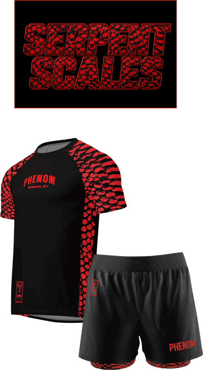 PHENOM Fight wear Serpent Scales rash guard and 2-in-1 grappling shorts kit front view
