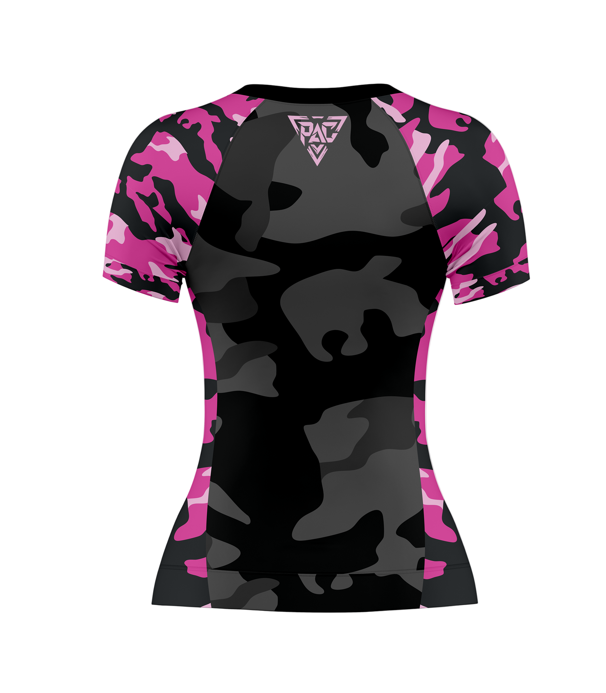 Black and pink camouflage shirt with a logo on a gray background