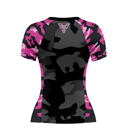 Black and pink camouflage shirt with a logo on a gray background