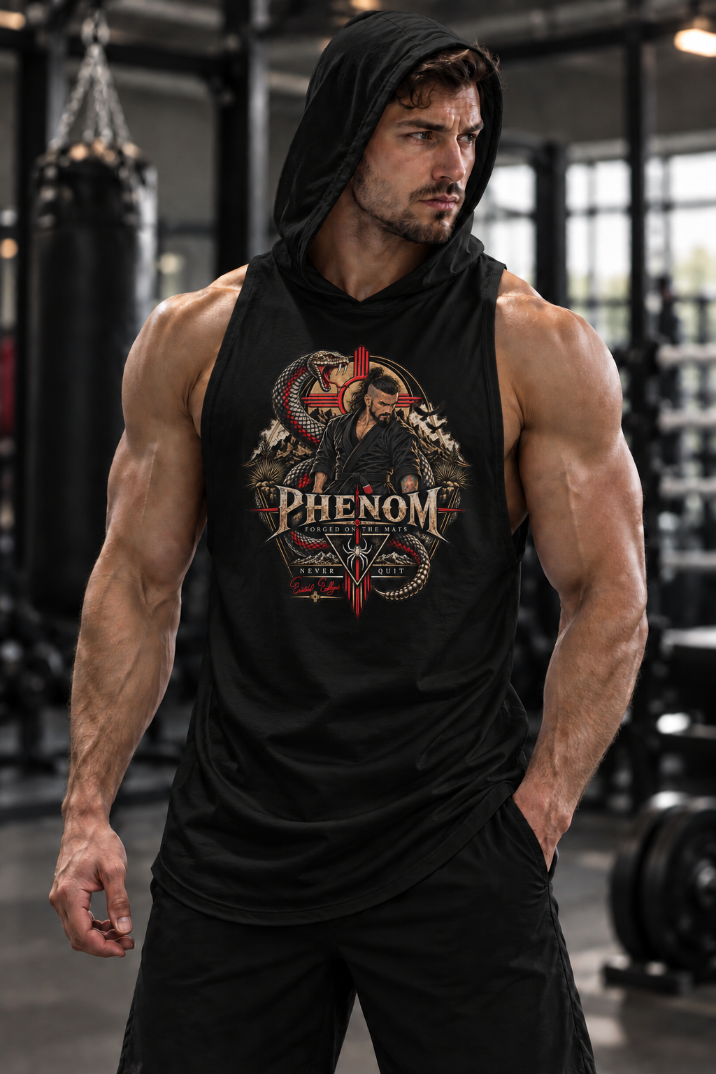 A muscular man in a black gym hoodie and black tank top with a detailed red, gold, and white graphic on the chest, standing in a gym setting.