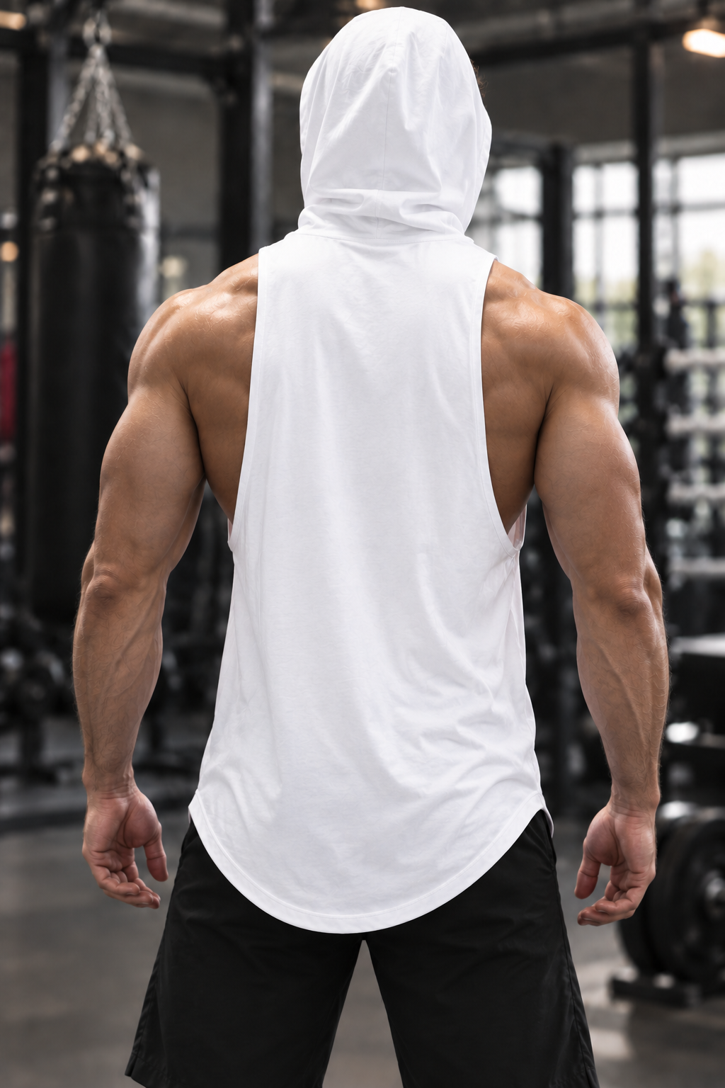 A muscular man viewed from behind wearing a white sleeveless hooded tank top and black shorts in a gym setting.