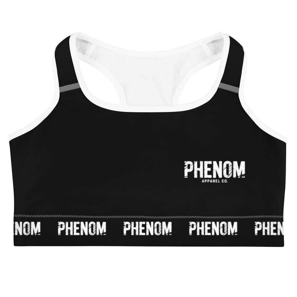 phenom black sports bra back white trim