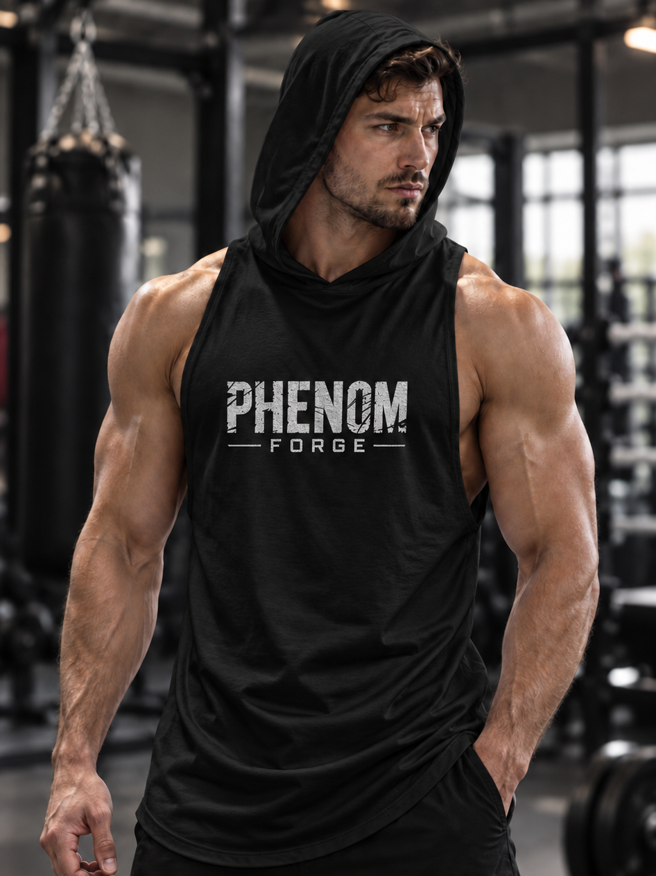 A muscular man in a gym wearing a black sleeveless hooded tank top with 'PHENOM FORGE' printed in white across the chest, paired with black shorts.
