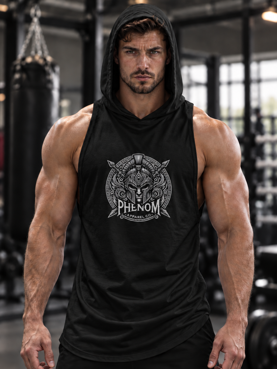 A muscular man in a gym wearing a black sleeveless hooded tank top with a detailed gray graphic on the chest that reads 'PHENOM'.