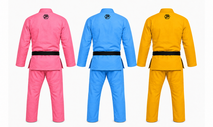 Three martial arts gi jackets shown from the back in pink, blue, and yellow, each with a black belt and a small black logo on the upper back, set against a plain white background.