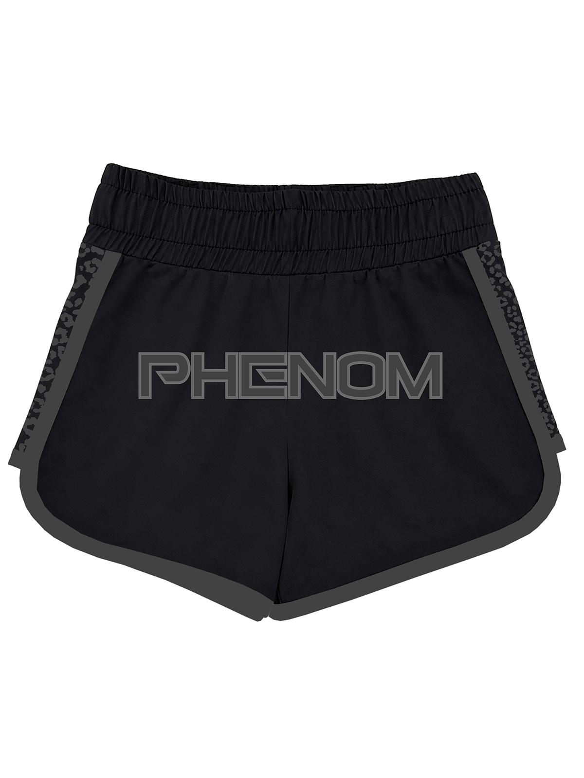 Black athletic shorts with a gray 'PHENOM' logo on the front, gray side trim, and patterned side panels, shown against a plain white background.