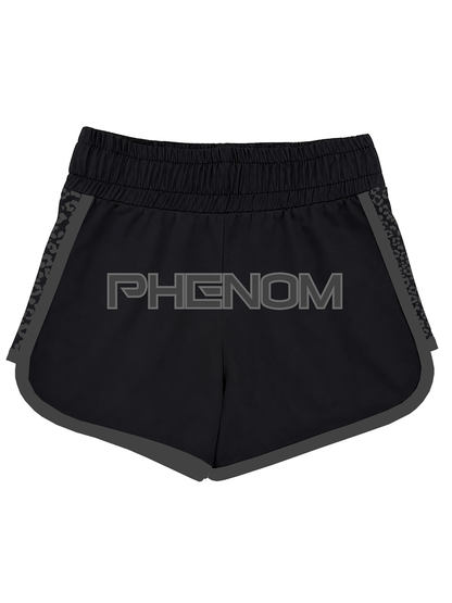 Black athletic shorts with a gray 'PHENOM' logo on the front, gray side trim, and patterned side panels, shown against a plain white background.