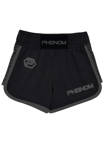 Black athletic fight shorts with gray trim, featuring a black elastic waistband with 'PHENOM' in white, a gray geometric logo on the left leg, and 'PHENOM' printed in gray on the right leg.